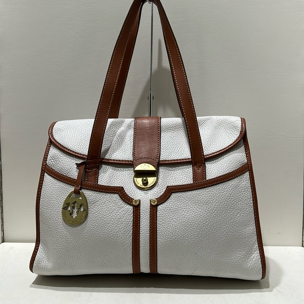 PRIX DE DRESSAGE Large White Pebbled/ Tan
Leather Flap Satchel/ Shoulder Bag